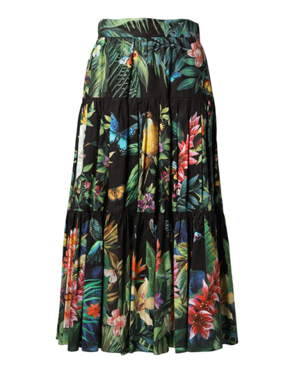 Dolce & Gabbana Black Cotton Floral High Waist Midi Skirt
