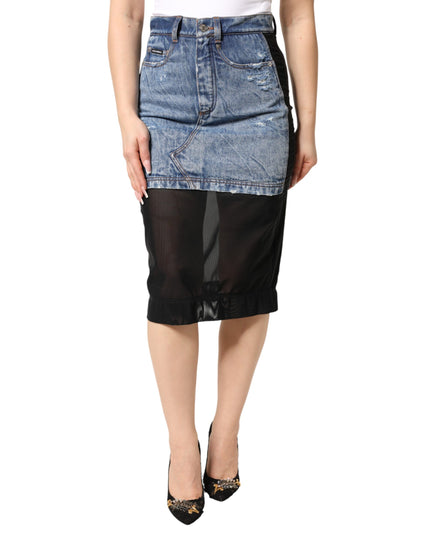 Dolce & Gabbana Blue Black Cotton Denim Sheer Midi Skirt