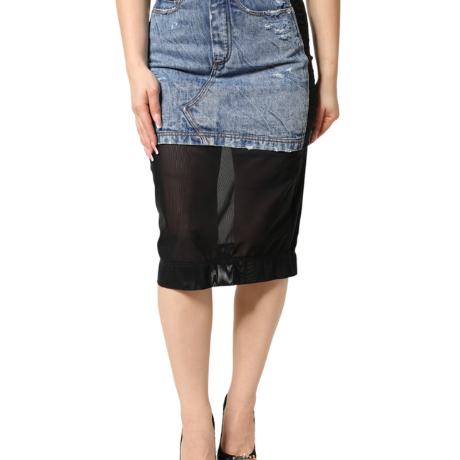 Dolce & Gabbana Blue Black Cotton Denim Sheer Midi Skirt