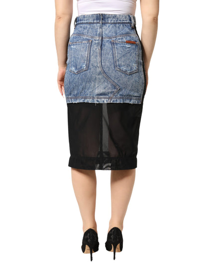 Dolce & Gabbana Blue Black Cotton Denim Sheer Midi Skirt