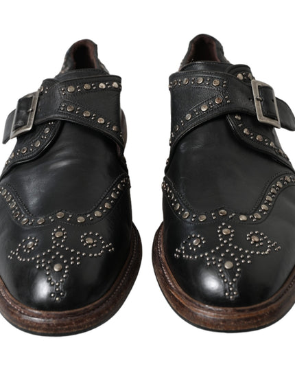 Dolce & Gabbana Black Leather Monk Strap Studded Dress Shoes