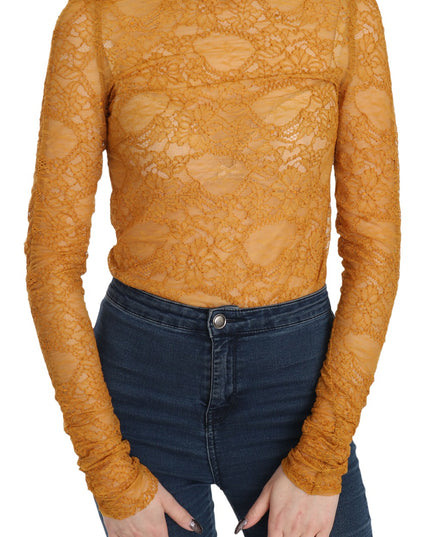 Mangano Mustard Turtle Neck Long Sleeve Lace Top Blouse