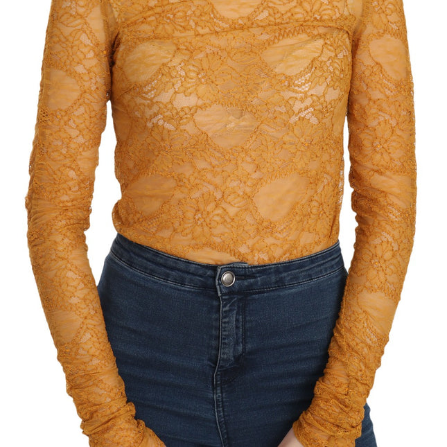 Mangano Mustard Turtle Neck Long Sleeve Lace Top Blouse
