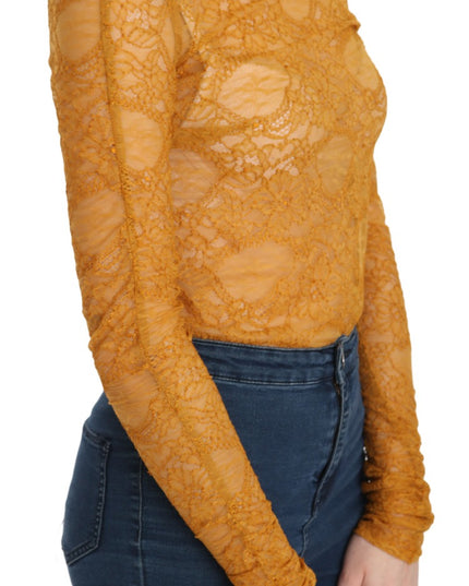 Mangano Mustard Turtle Neck Long Sleeve Lace Top Blouse