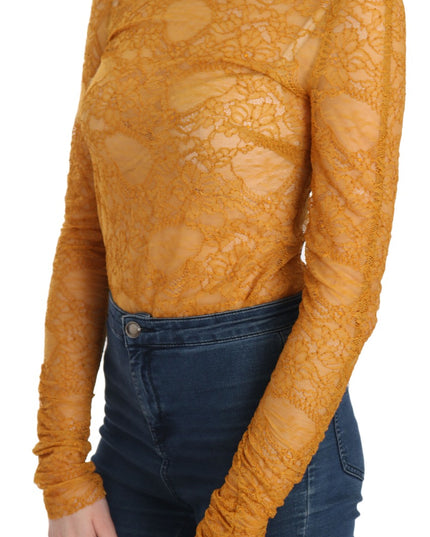 Mangano Mustard Turtle Neck Long Sleeve Lace Top Blouse