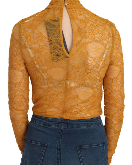 Mangano Mustard Turtle Neck Long Sleeve Lace Top Blouse