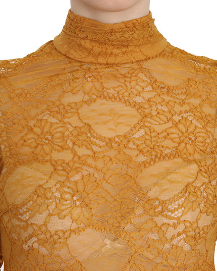Mangano Mustard Turtle Neck Long Sleeve Lace Top Blouse