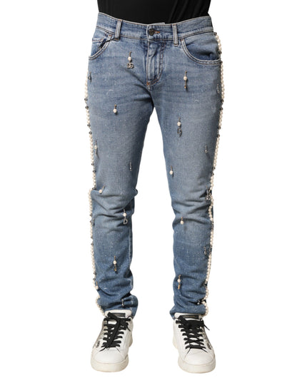Dolce & Gabbana Blue Embellished Cotton Skinny Denim Jeans