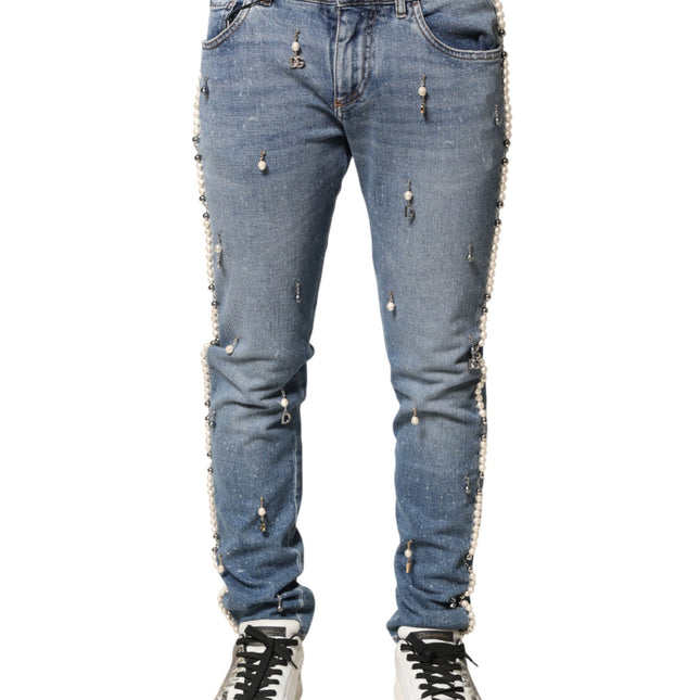 Dolce & Gabbana Blue Embellished Cotton Skinny Denim Jeans