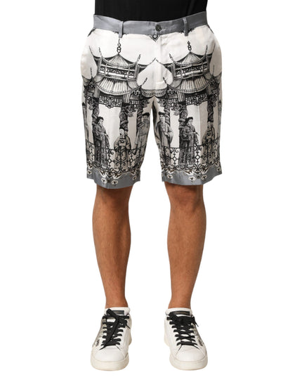 Dolce & Gabbana White Japanese Asian Print Silk Bermuda Shorts