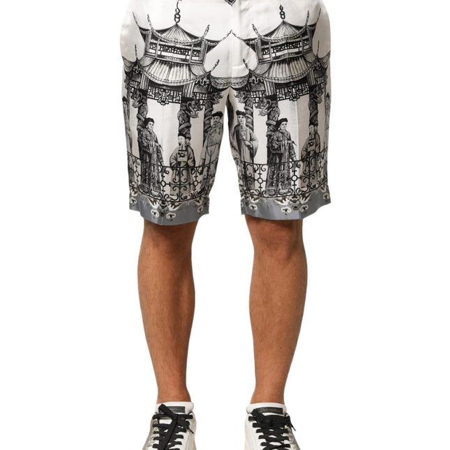 Dolce & Gabbana White Japanese Asian Print Silk Bermuda Shorts