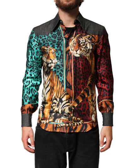 Dolce & Gabbana Multicolor Tiger Leopard Print Silk Men Shirt