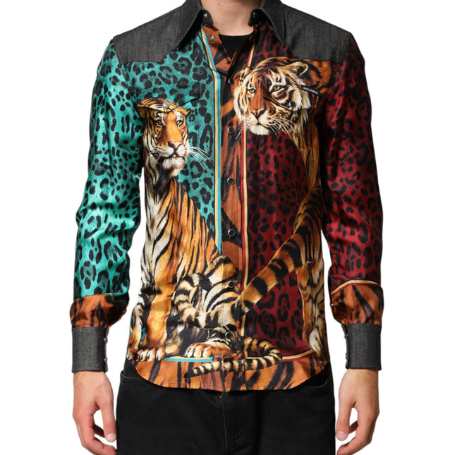 Dolce & Gabbana Multicolor Tiger Leopard Print Silk Men Shirt