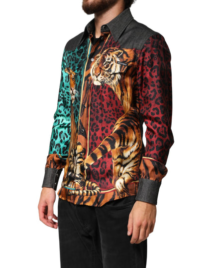 Dolce & Gabbana Multicolor Tiger Leopard Print Silk Men Shirt