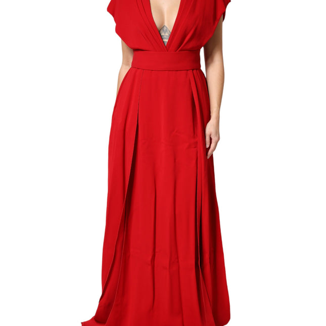 Dolce & Gabbana Red Viscose Plunging Neckline Long Maxi Dress