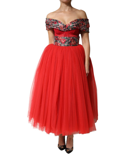 Dolce & Gabbana Red Floral Off Shoulder A-line Gown Dress