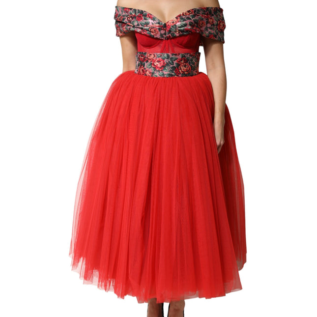 Dolce & Gabbana Red Floral Off Shoulder A-line Gown Dress