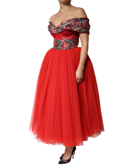 Dolce & Gabbana Red Floral Off Shoulder A-line Gown Dress