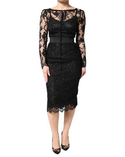 Dolce & Gabbana Black Lace Trim Cotton Sheath Midi Dress