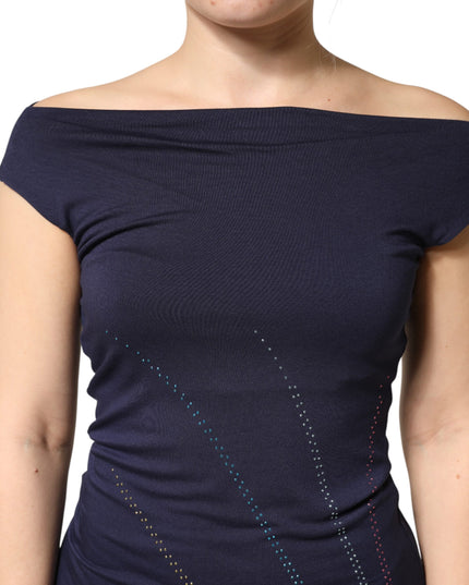 Roccobarocco Blue Viscose Embellished Off Shoulder Mini Dress