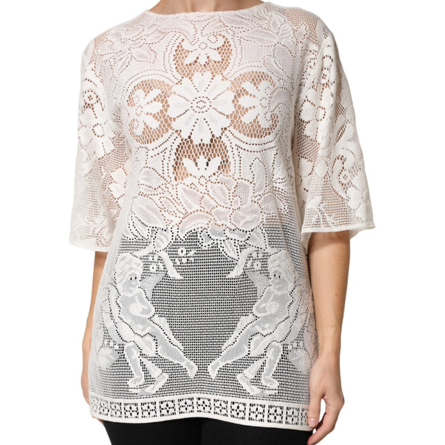 Dolce & Gabbana White Embroidery Lace Cotton Blouse Top