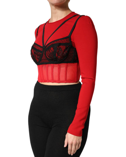 Dolce & Gabbana Red Black Nylon Bralette-Style Cropped Top