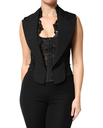 Dolce & Gabbana Black Lace V-neck Slit Hem Gathered Waist Vest Jacket