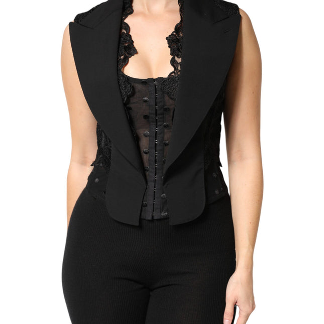 Dolce & Gabbana Black Lace V-neck Slit Hem Gathered Waist Vest Jacket