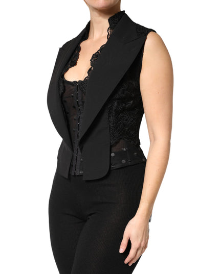 Dolce & Gabbana Black Lace V-neck Slit Hem Gathered Waist Vest Jacket