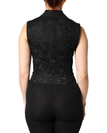 Dolce & Gabbana Black Lace V-neck Slit Hem Gathered Waist Vest Jacket
