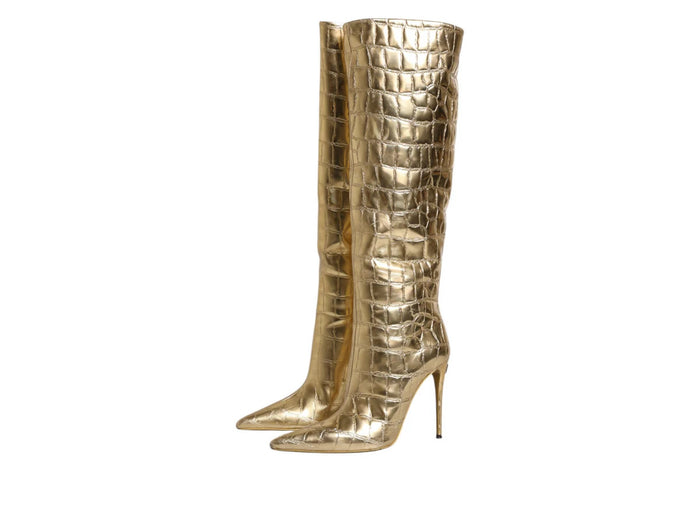 <h2>Dolce & Gabbana Gold Leather Stiletto Heels High Boots Shoes<br/><span style="text-decoration:underline">Made in Italy</span> </h2>